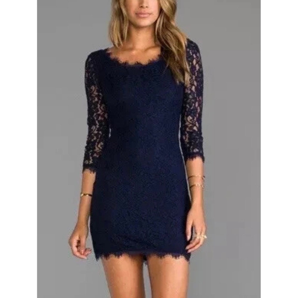 Diane von Furstenberg Zarita Mini Dress 10 Navy Blue Lace 3/4 Sleeve Formal Hoco